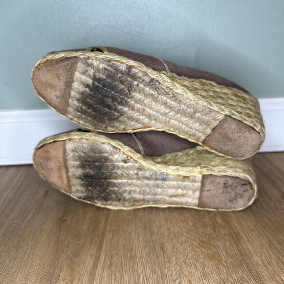 Ralph Lauren Women 9 Cecelia Gray Jersey Gold Trim Espadrille Jute Wedge Peep To - Picture 9 of 9